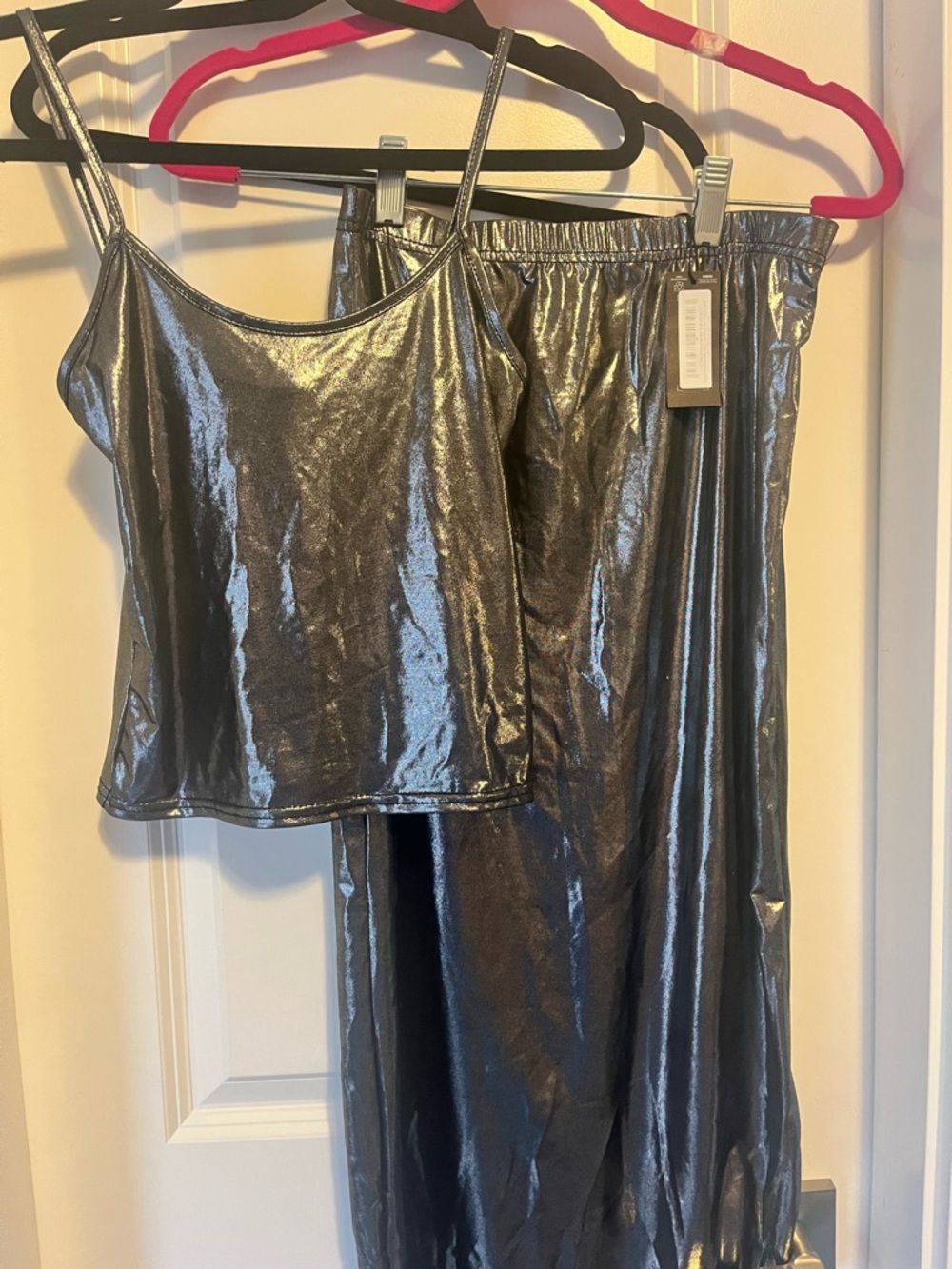 Metallic Silver Two-Piece Satin Tank and Skirt Set